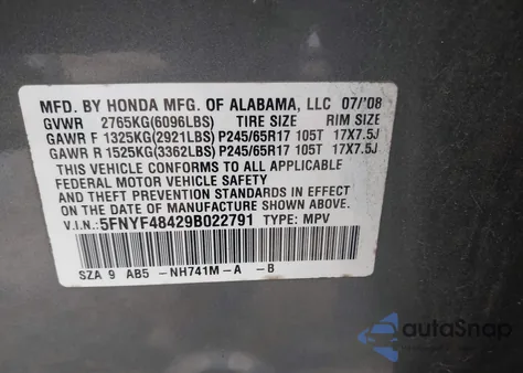 2009 Honda Pilot Ex z USA, uszkodzony, nr VIN 5FNYF48429B022791